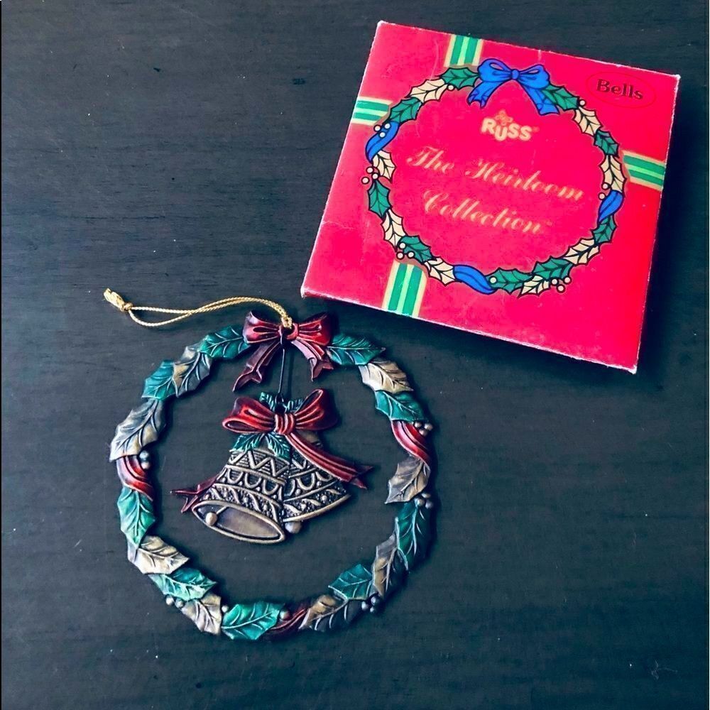 Russ Vintage Christmas Wreath Silver Holly Bells Holiday Ornament